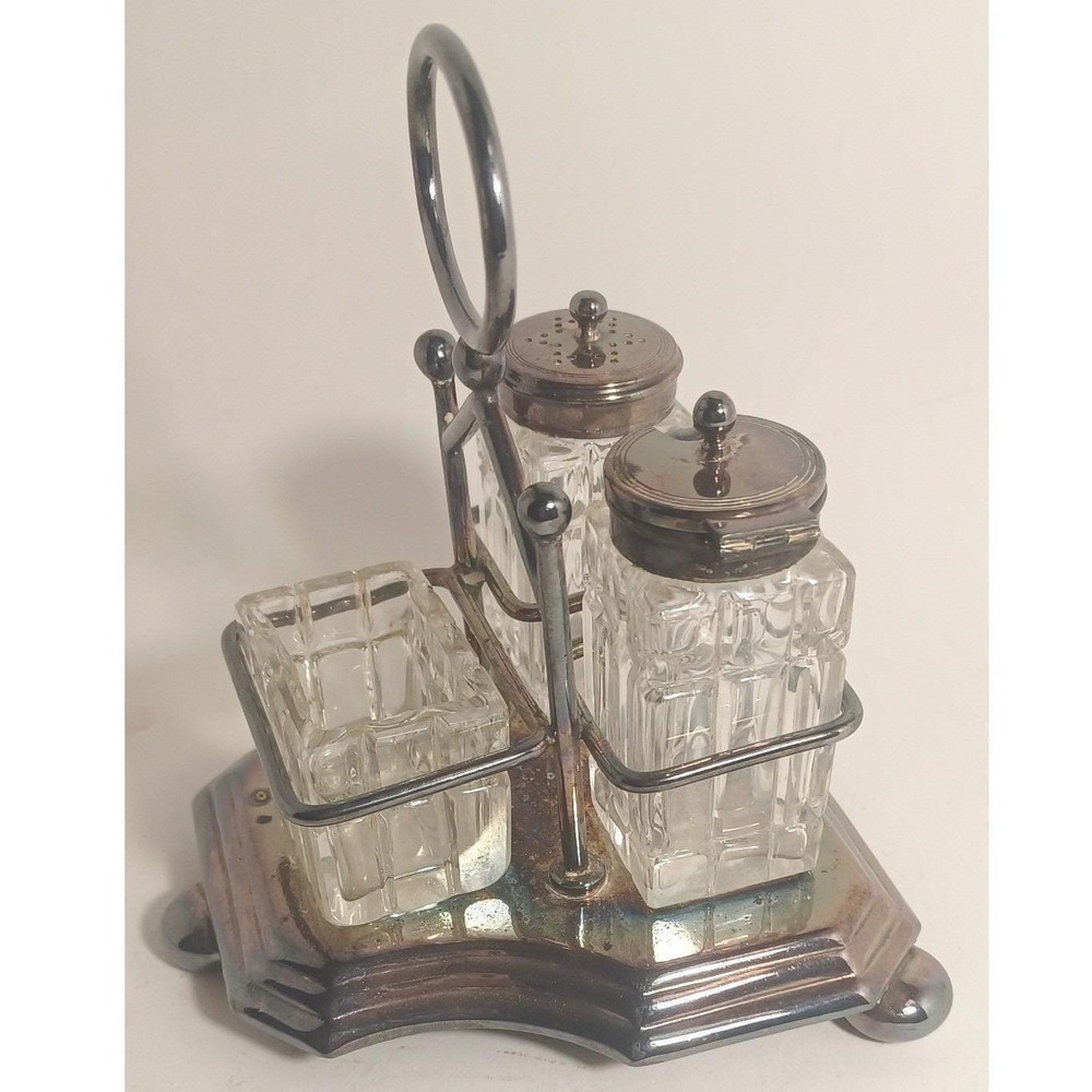 Vintage EPNS Silverplate 40s Cut Glass Condiment Set Salt Pepper Sugar Caddy - Picture 2 of 11